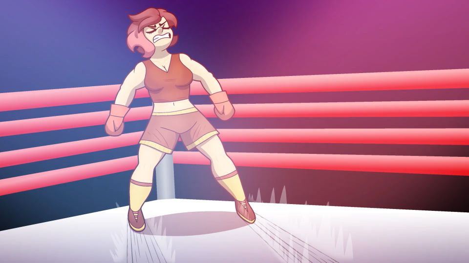 Animation still of female boxer leaning back and gritting teeth in corner of boxing ring