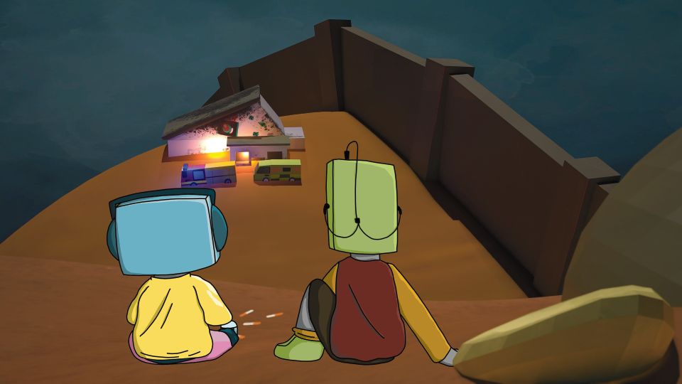Animation still of two robots playing with toys