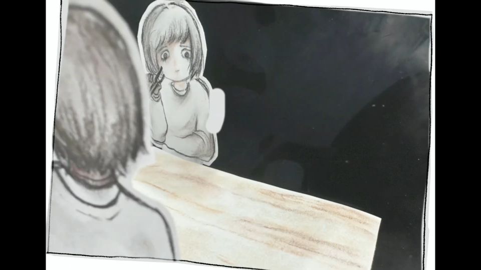 Sketch of a girl with a worried expression reflected in a mirror, viewed from behind another character at a wooden table.