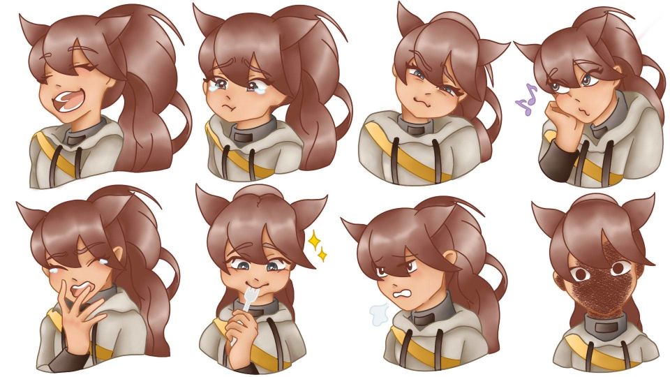 Eight illustrations of a young girl with long hair showing different expressions