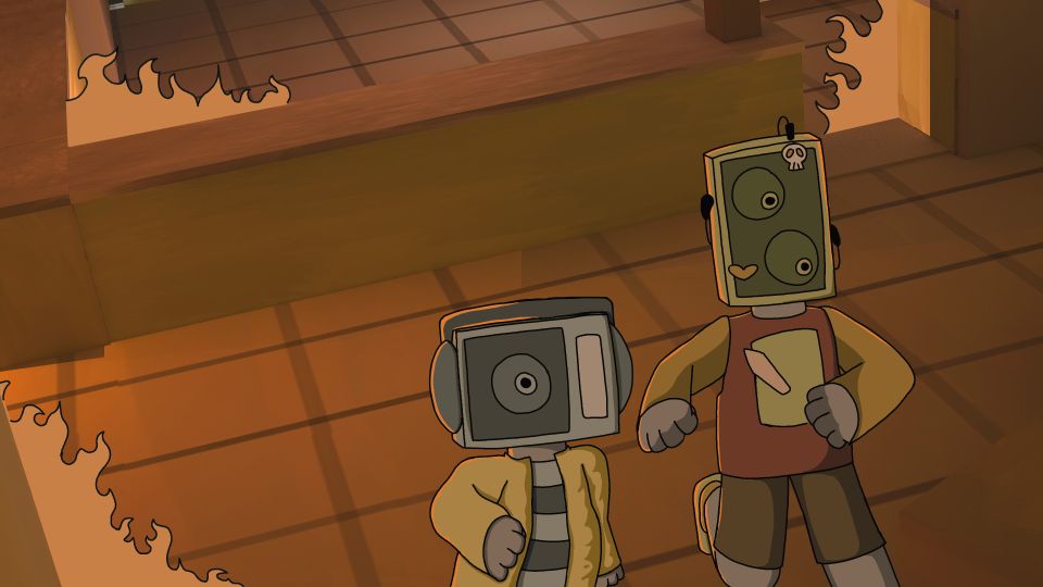 Animation still of two robots running through fiery rooms