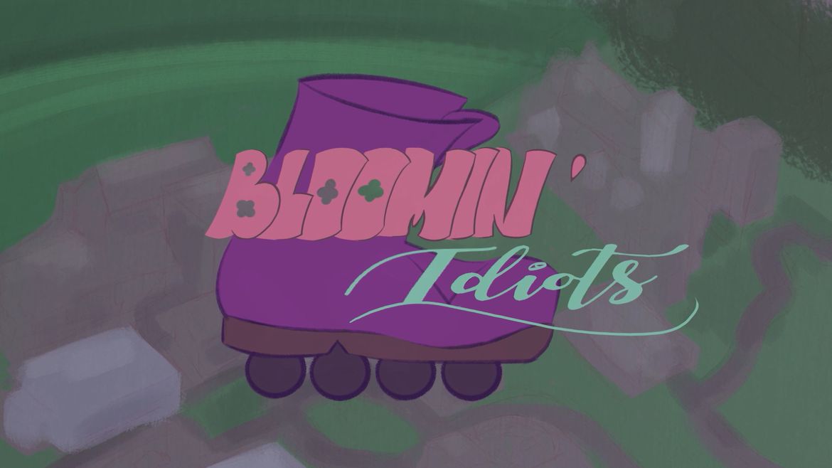 Animations still showing purple roller skate over aerial view of town with title "Bloomin' Idiots"