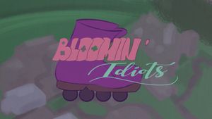 Animations still showing purple roller skate over aerial view of town with title "Bloomin' Idiots"