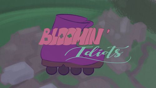 Animations still showing purple roller skate over aerial view of town with title "Bloomin' Idiots"