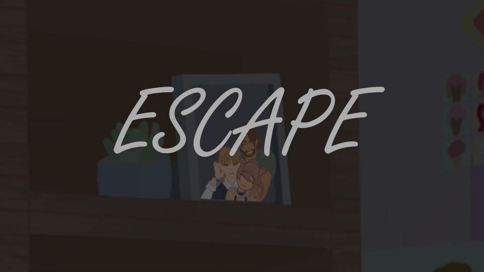 Animation still of parents and girl looking out of house window, with title "Escape"