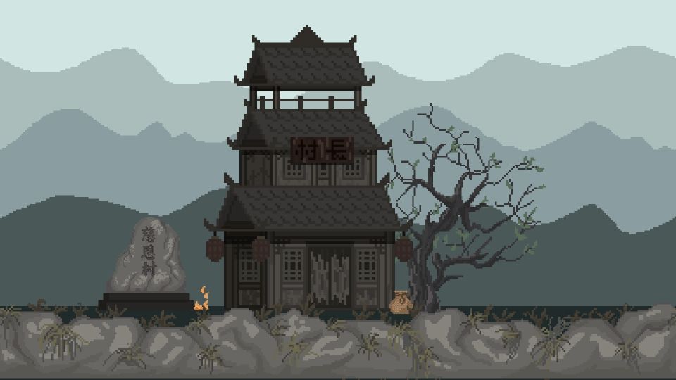 CGI scene of a japanese building on a rocky landscape