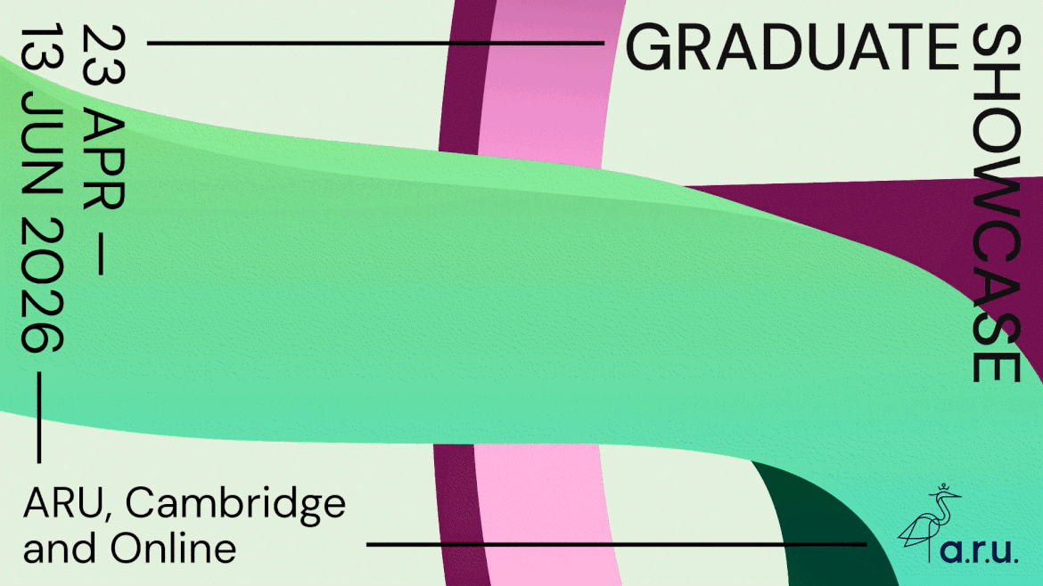 Animated banner showing revolving green letter S and pink letter G in extreme close-up with dates for Graduate Showcase 2026 at ARU, Cambridge and online