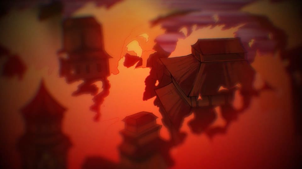 Animation still showing buildings on fire