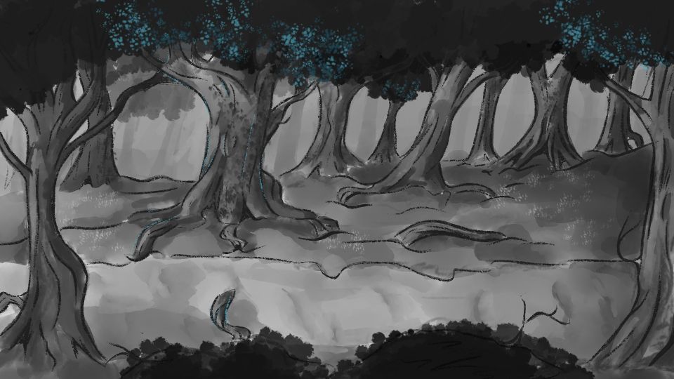 Animation still of black and white forest with blue leaves