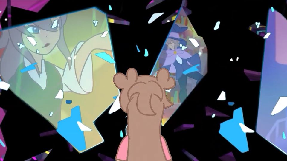 animation still of a young girl looking at shards of glass flying through the air with different reflections on them