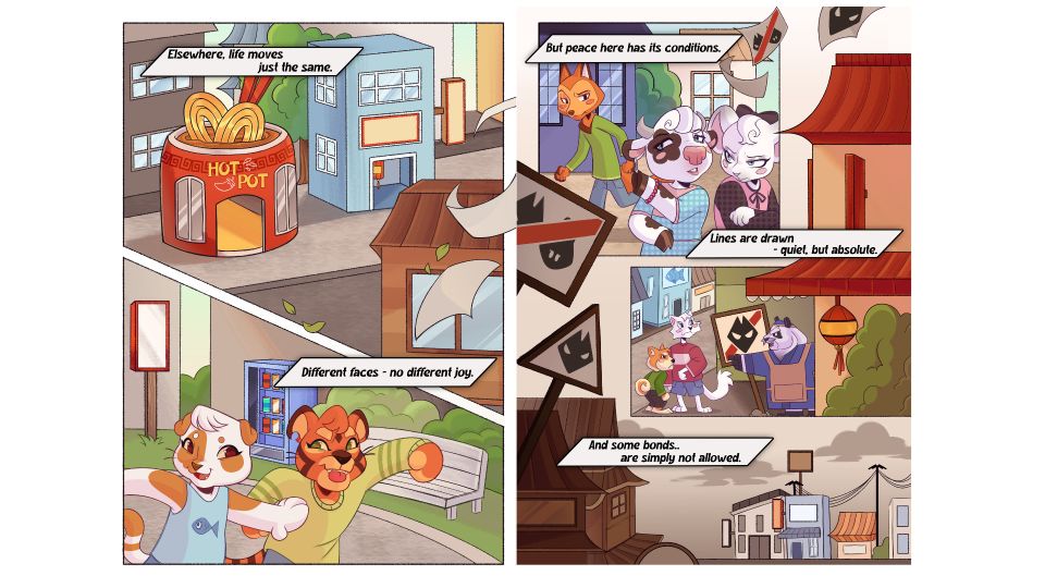Grap[hic novel spread introducing readers to town where anthropomorphic animals live