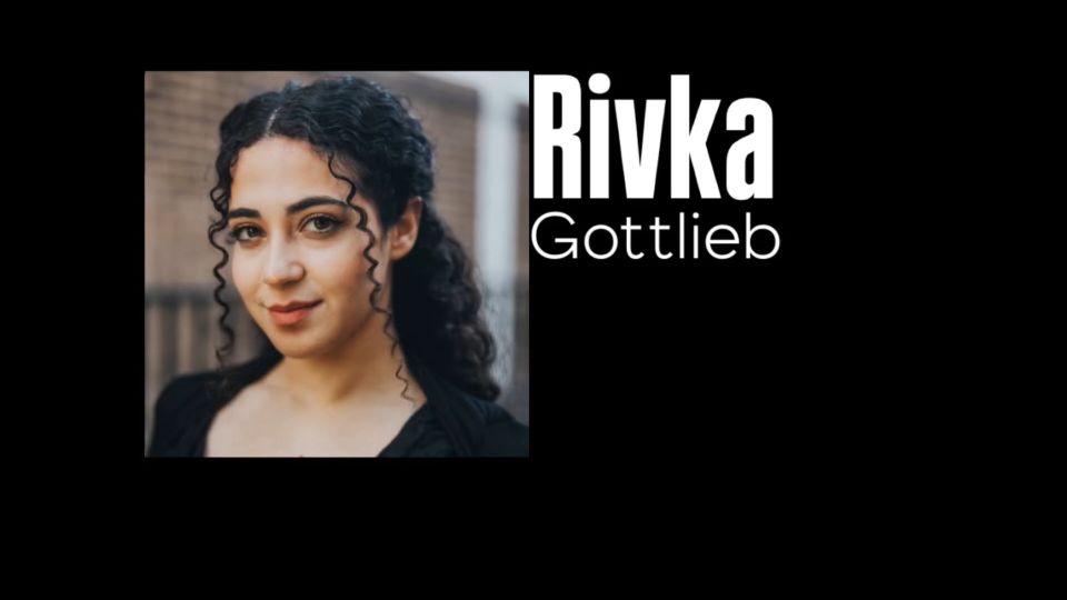 Woman with curly hair, smiling slightly, next to the text "Rivka Gottlieb" on a black background.