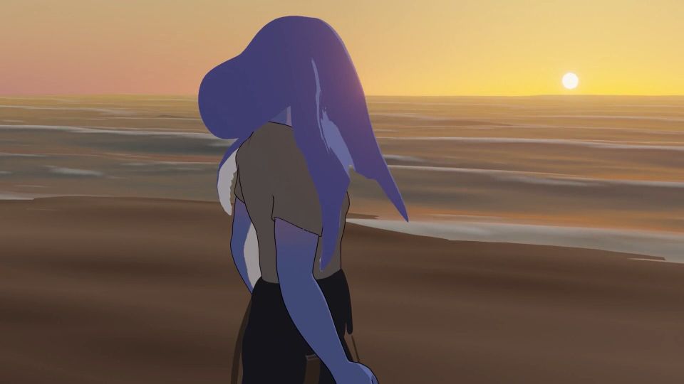 Animation still of person with long purple hair standing on beach looking at sun over horizon