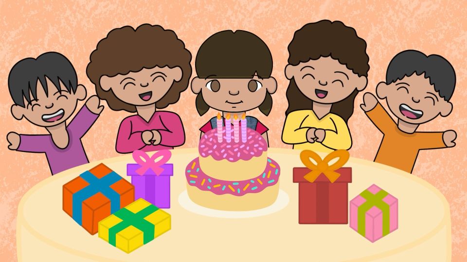 ANimation still of five children around table with birthday cake and presents