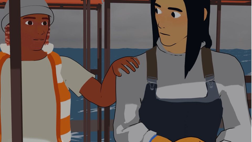 Animation still of person putting hand on another's shoulder from behind