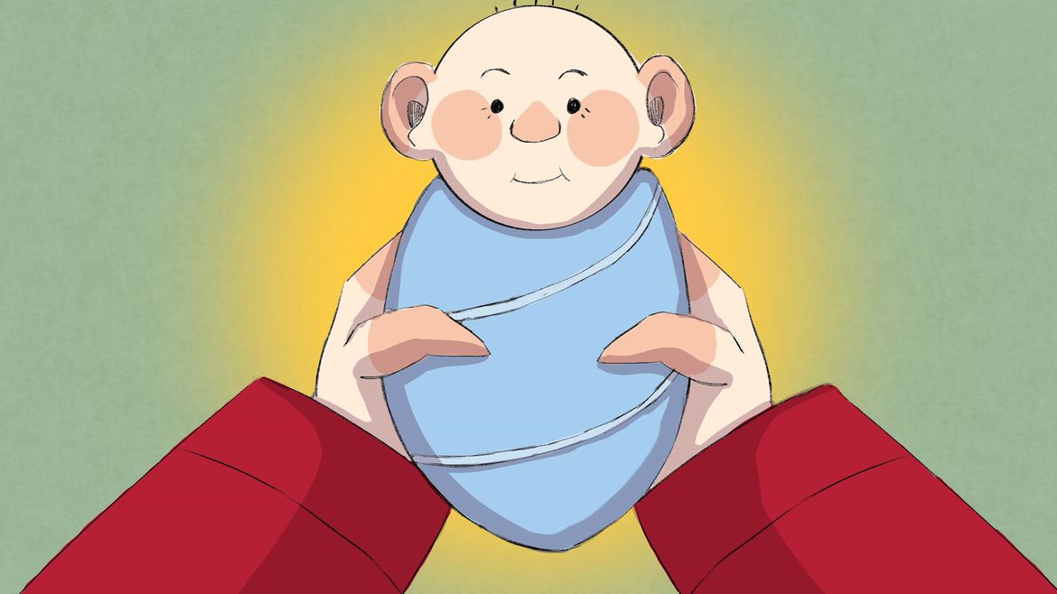 Animation still of hands holding a rosy-cheeked baby