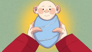 Animation still of hands holding a rosy-cheeked baby