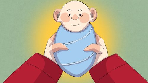 Animation still of hands holding a rosy-cheeked baby