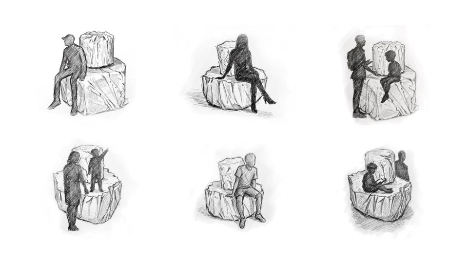 Black and white sketches of people sitting on stone sculpted seat