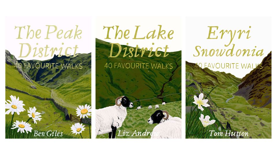Three illustrated covers for The Peak District book, showing flowers, hills and sheep