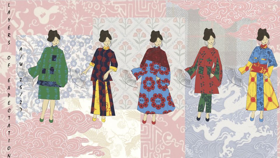 Illustration of five japanese-style garments on japanese pattern background