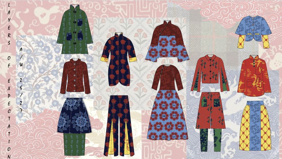Colourful illustrations of various tops and skirts on japanese pattern background