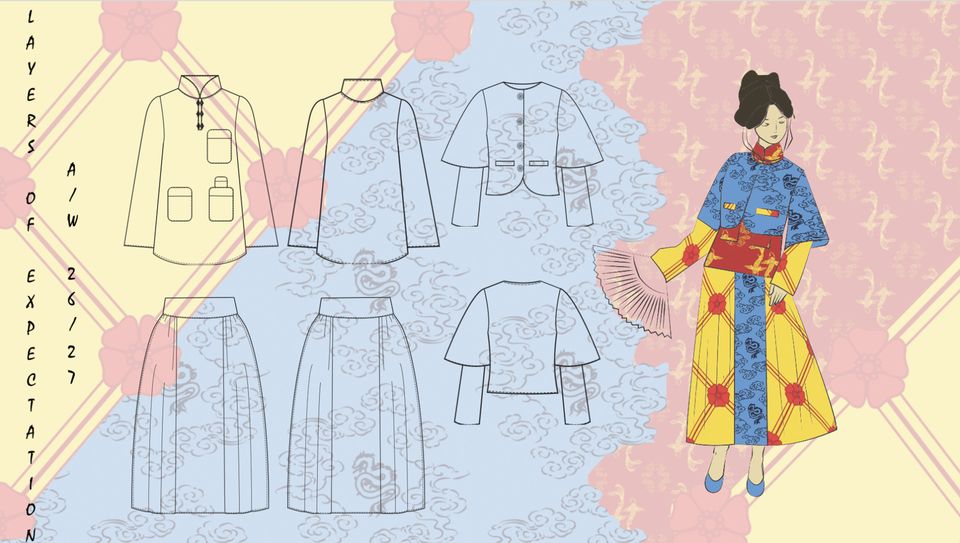 Line drawings of tops and skirts next to red, blue and yellow design for japanese-style dress