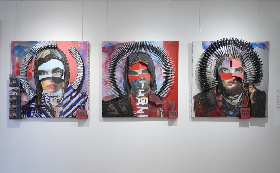 Three Endless pieces on gallery wall, featuring person made from cut-up images and objects