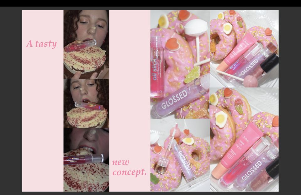 Photos of young woman eating cake next to image of sweets and make-up
