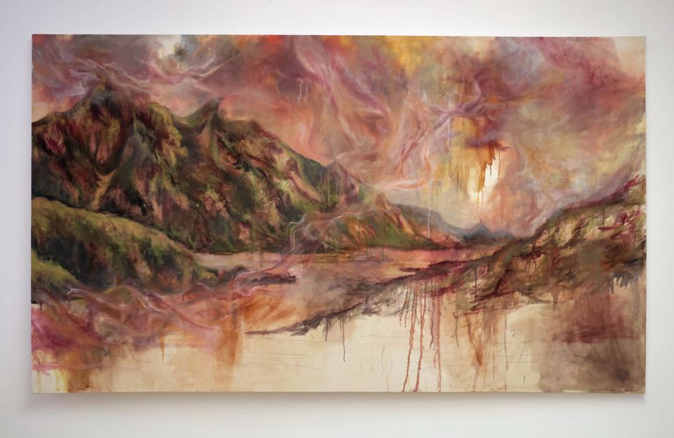 Painting of a volcanic, fiery landscape