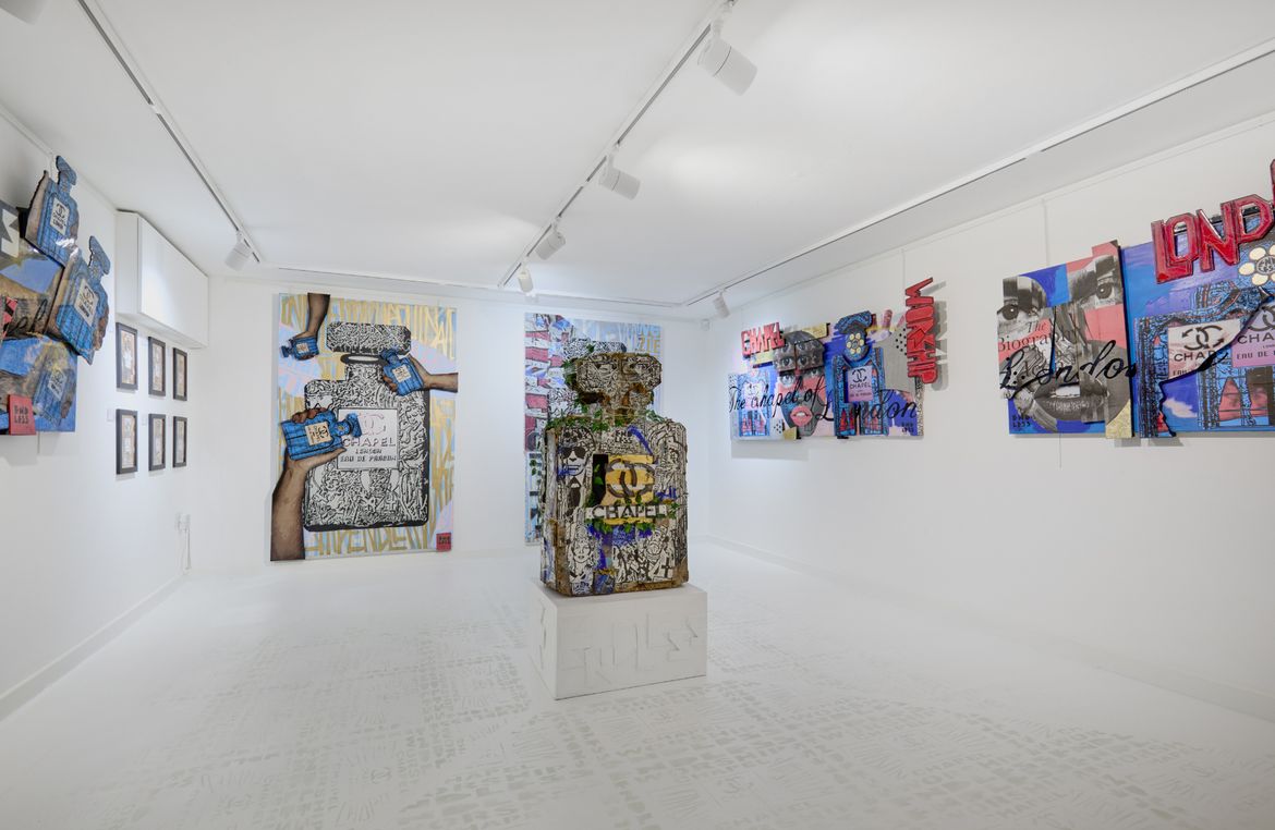 Many Endless pieces in a gallery, with Chapel perfume bottle as the centrepiece