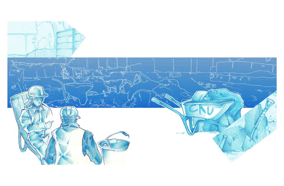Illustration of archaeologists on dig site