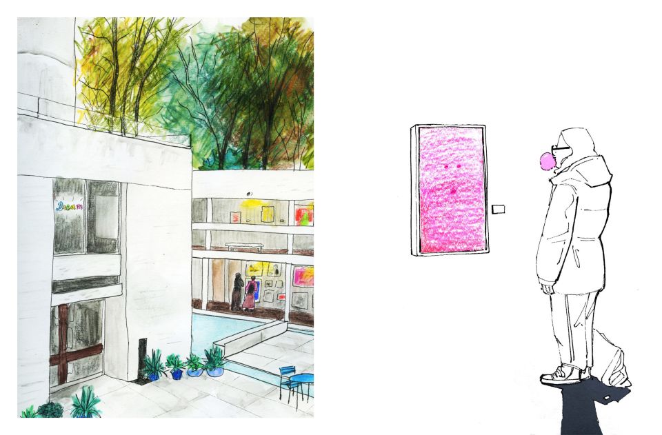Illustration of building exterior next to illustration of girl blowing bubblegum