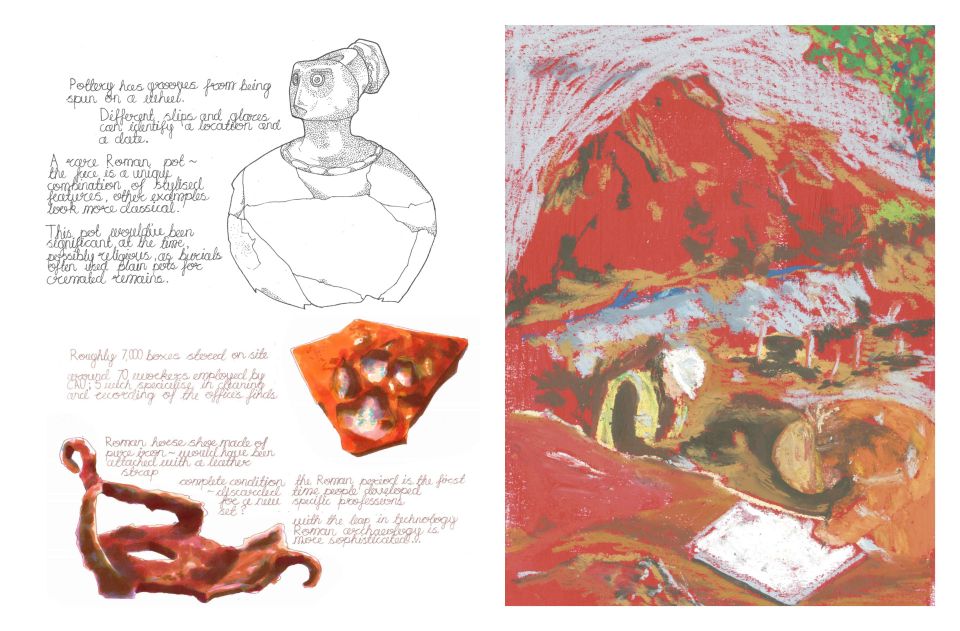 Illustration of archaeologists on dig site next to sketches and text about found items