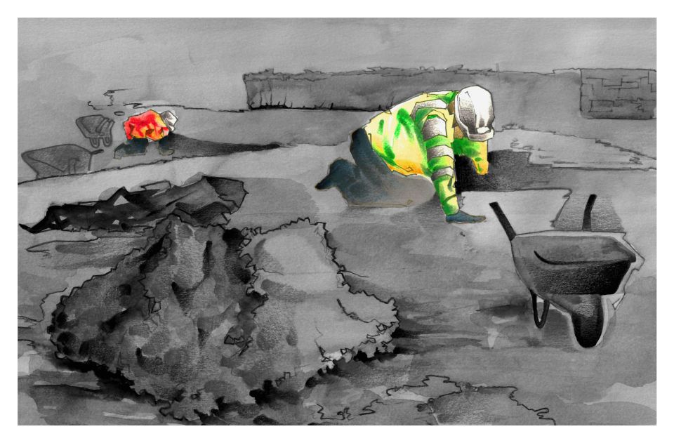Illustration of person in hard hat reaching into hole in ground near wheelbarrow