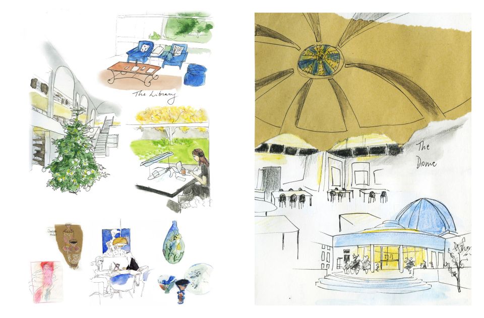 Illustrations of Murray Edwards College interior and exterior