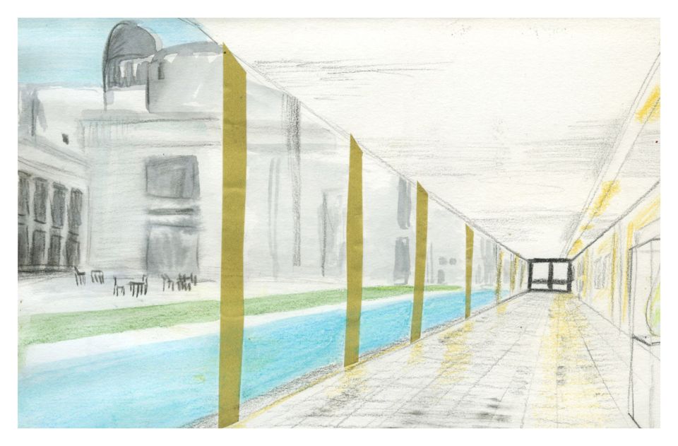 Illustration of glass-walled corridor next to waterway at Murray Edwards College
