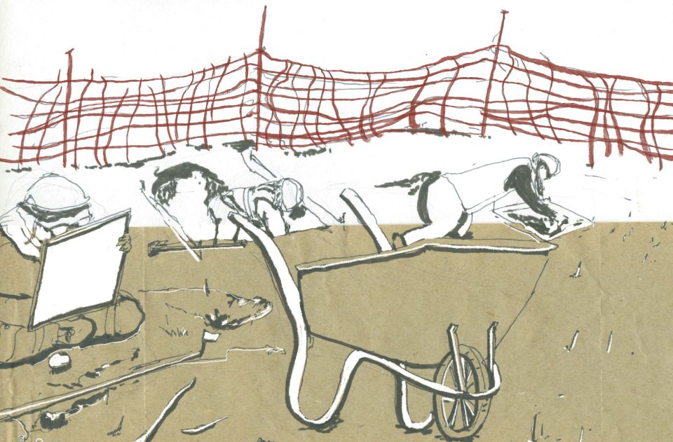 Illustration of archaeologists on dig site
