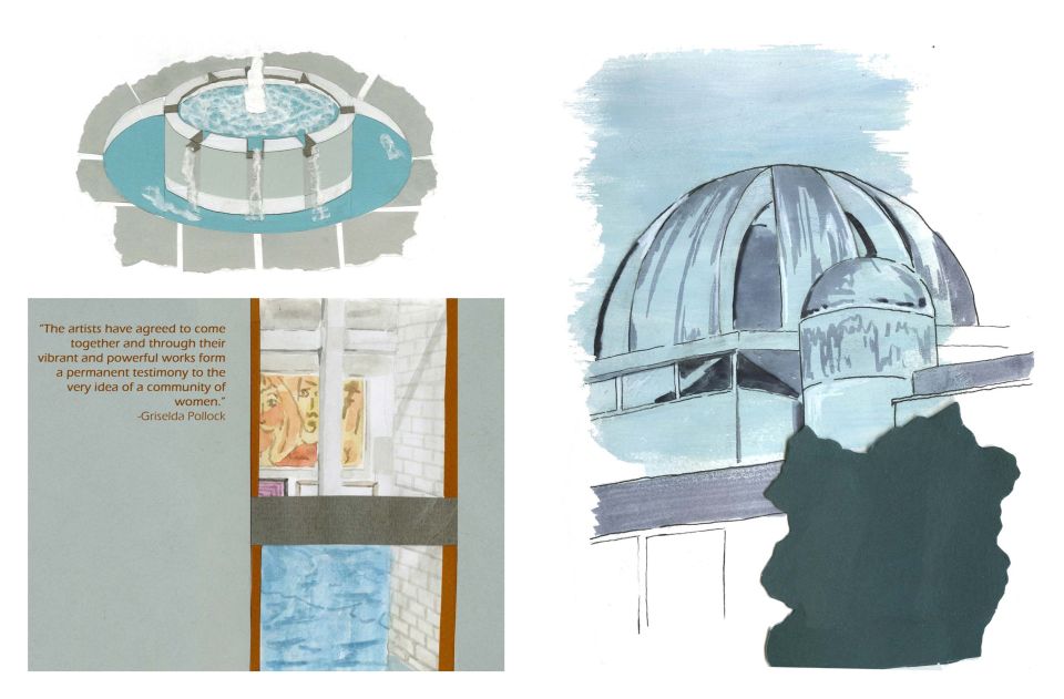 Illustration of water feature above quote next to illustration of building roof