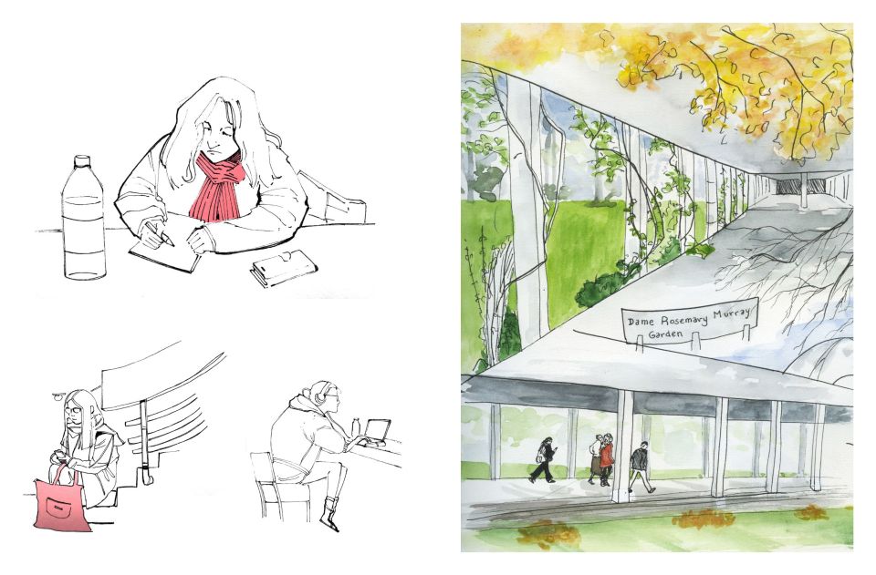 Sketches of female artist drawing next to illustration of gardens