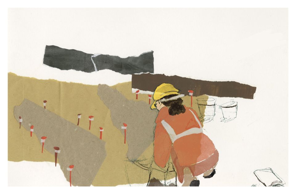 Illustration of archaeologist on dig site
