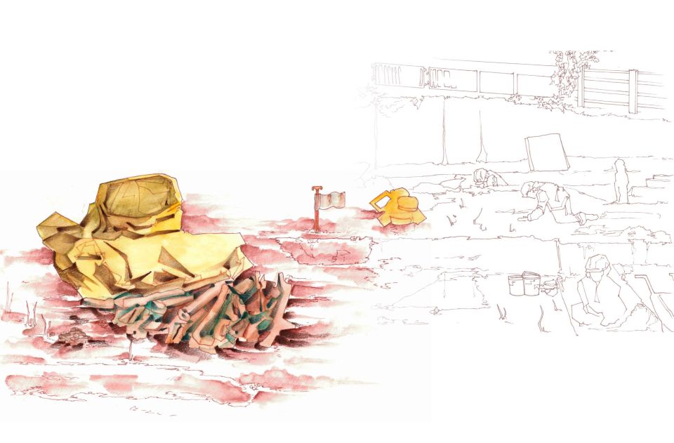 Coloured illustration of archaeological dig site next to sketch of archaeologists working on site