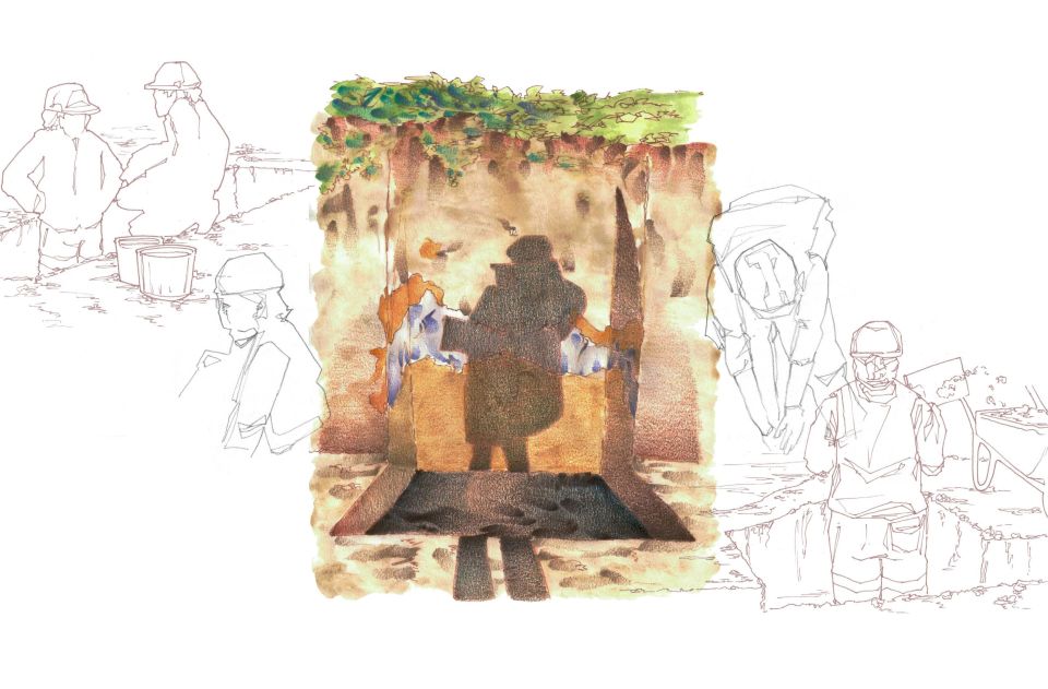 Illustrations of archaeologists on dig site