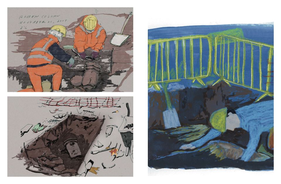 Three illustrations of archaeologists and dig site