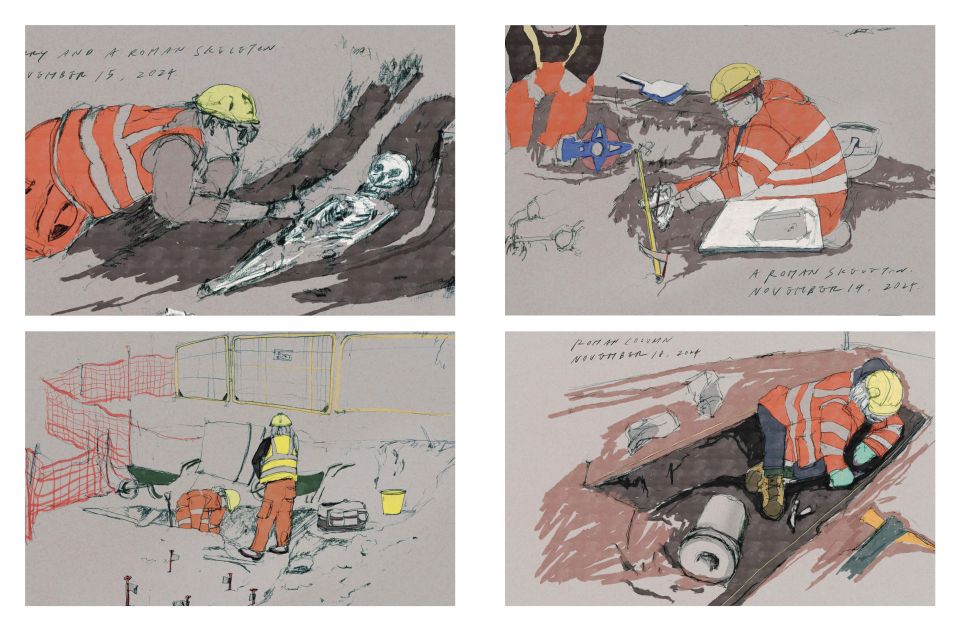 Four illustrations of archaeologists on dig site