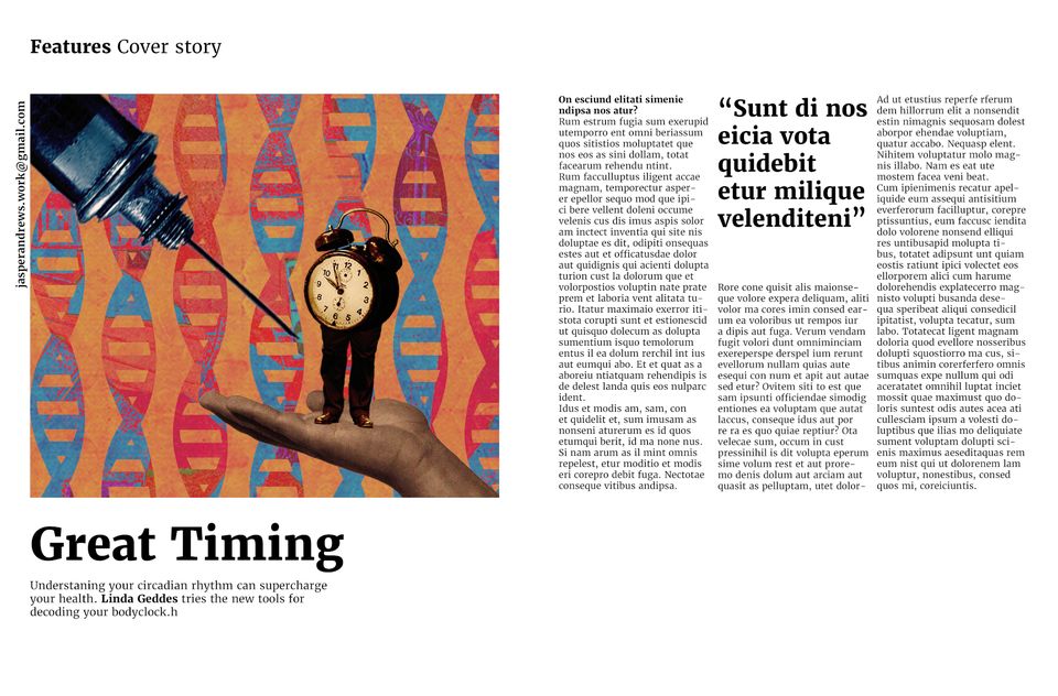 Cut-up image of clock with legs standing on palm of hand and needle hovering nearby next to placeholder text of article to show context and headin "Great Timing: Understaning (sic) your circadian rhythm can supercharge your health. Linda Geddes tries the new tools for decoding your bodyclock.h"