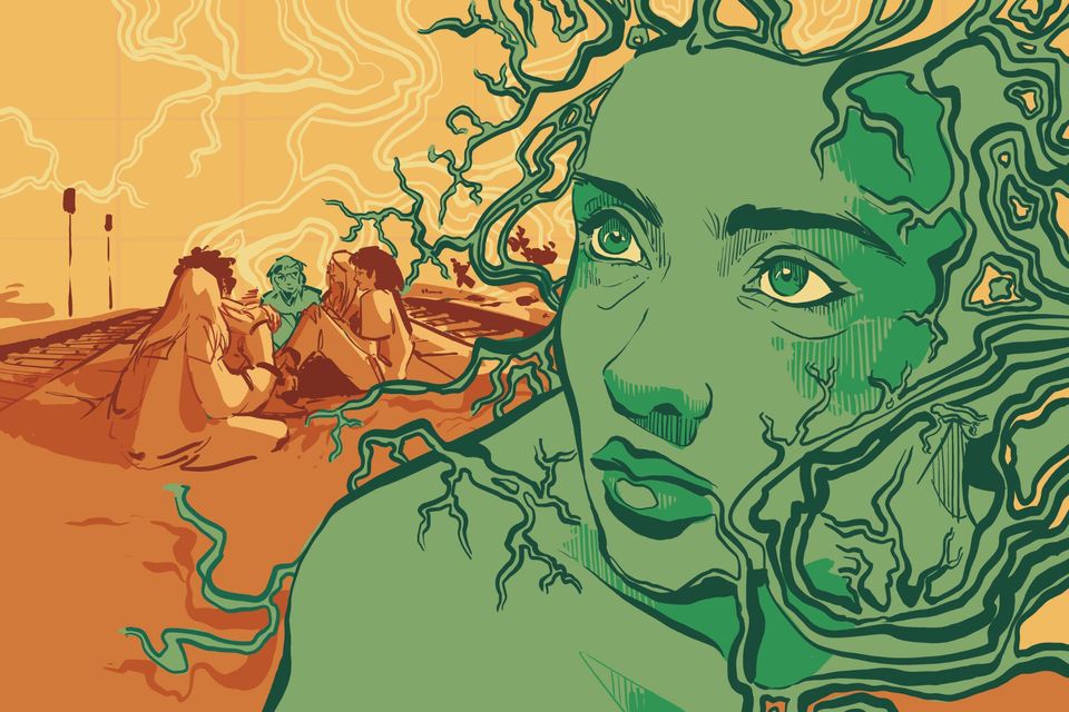 Illustration of green woman with branch-like hair facing away from group of people sitting between railway tracks