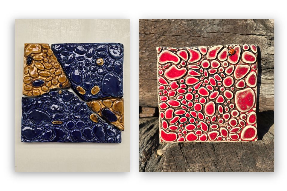 Two tiles with bubble-like texture