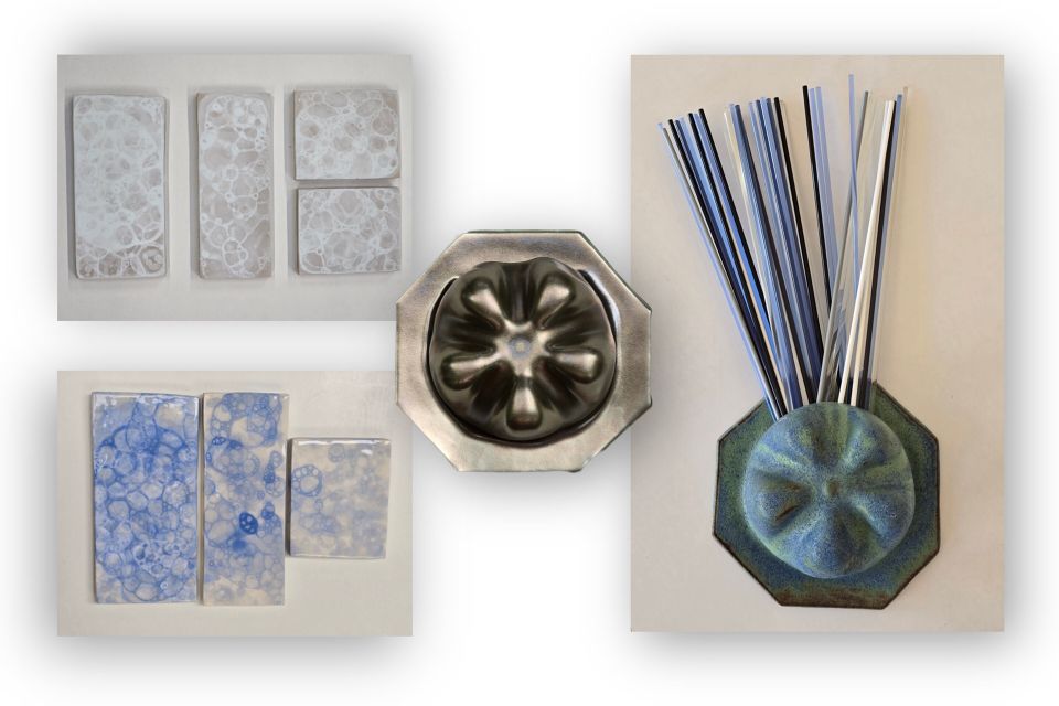Collage of tiles and round art pieces