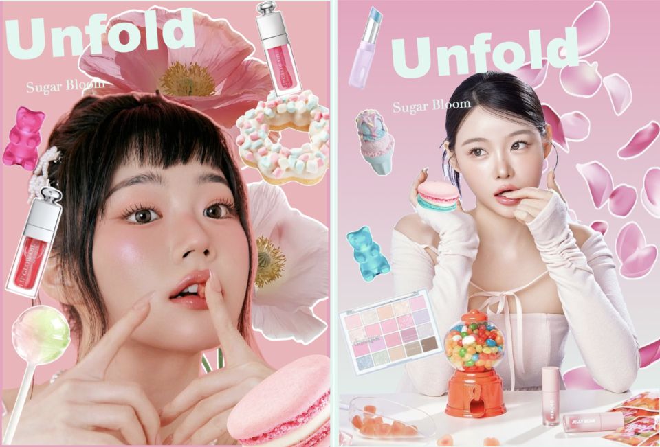 Two images of a female model surrounded by make up and sweets